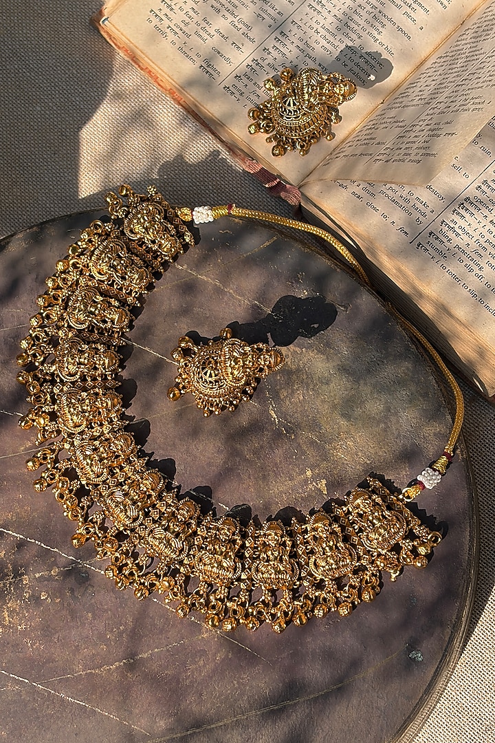 Antique Gold Finish Temple Choker Necklace Set by Prestones at Pernia's Pop Up Shop