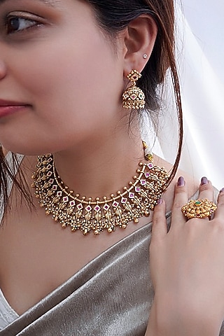 Antique Gold Finish Temple Necklace Set by Prestones