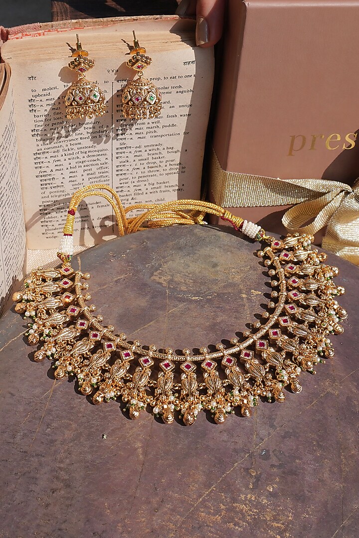 Antique Gold Finish Temple Necklace Set by Prestones at Pernia's Pop Up Shop
