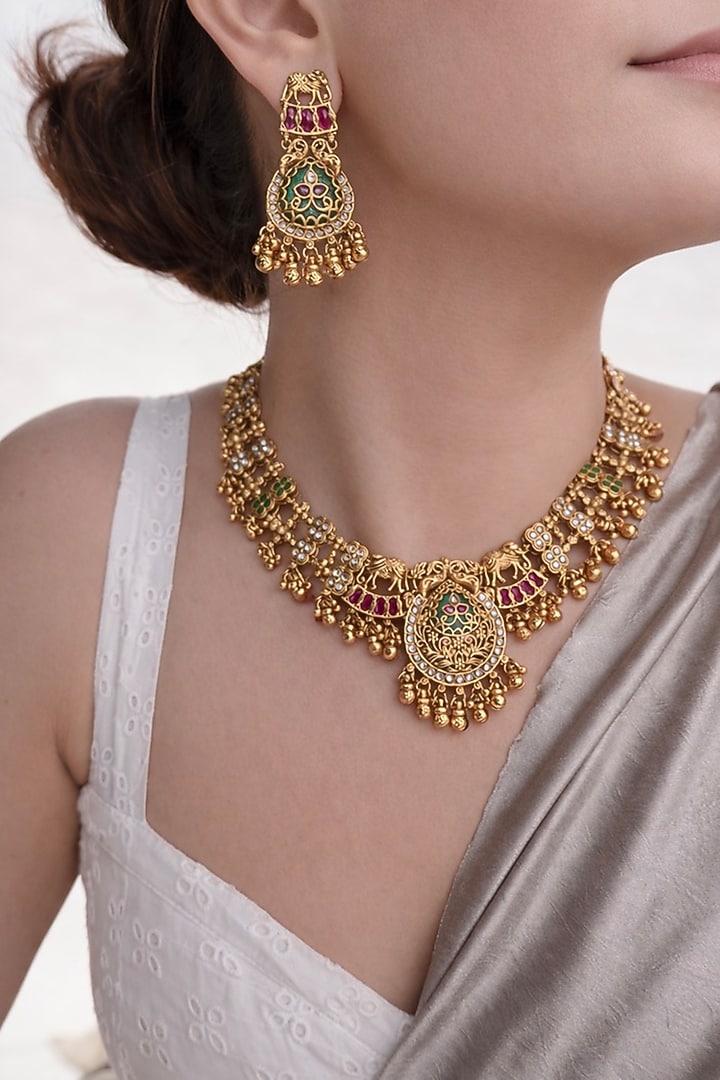 Antique Gold Finish Kundan Polki Temple Necklace Set by Prestones at Pernia's Pop Up Shop