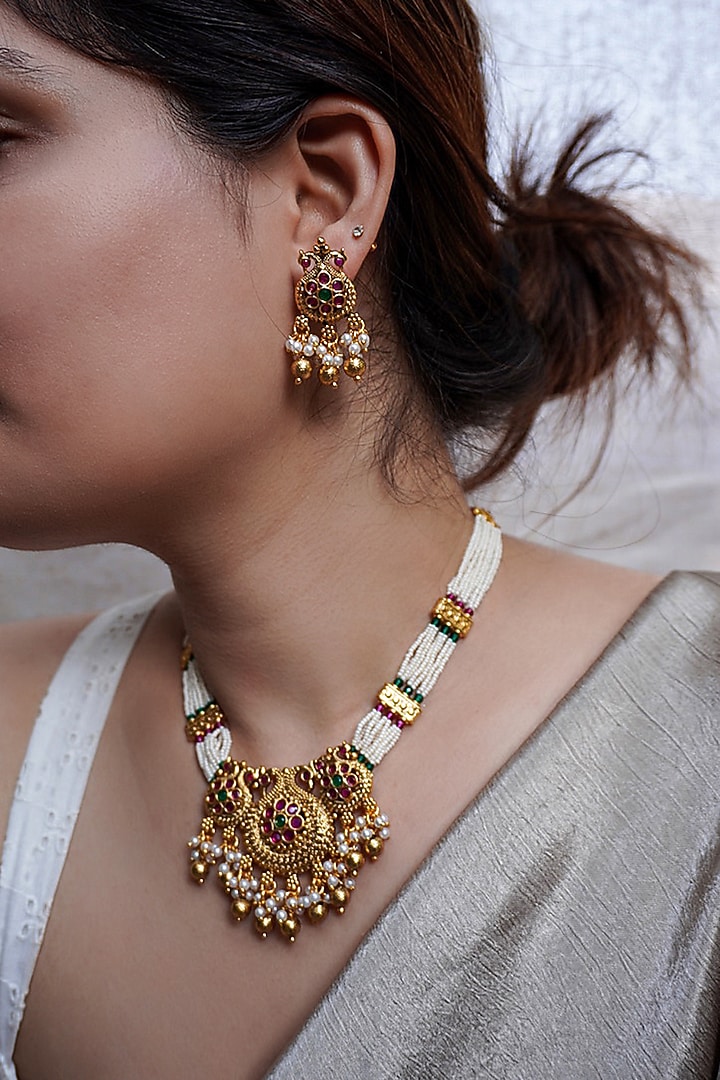 Antique Gold Finish Pearl Temple Necklace Set by Prestones at Pernia's Pop Up Shop