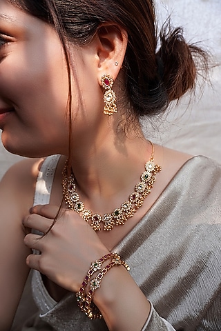 Antique Gold Finish Floral Stone Temple Necklace Set by Prestones