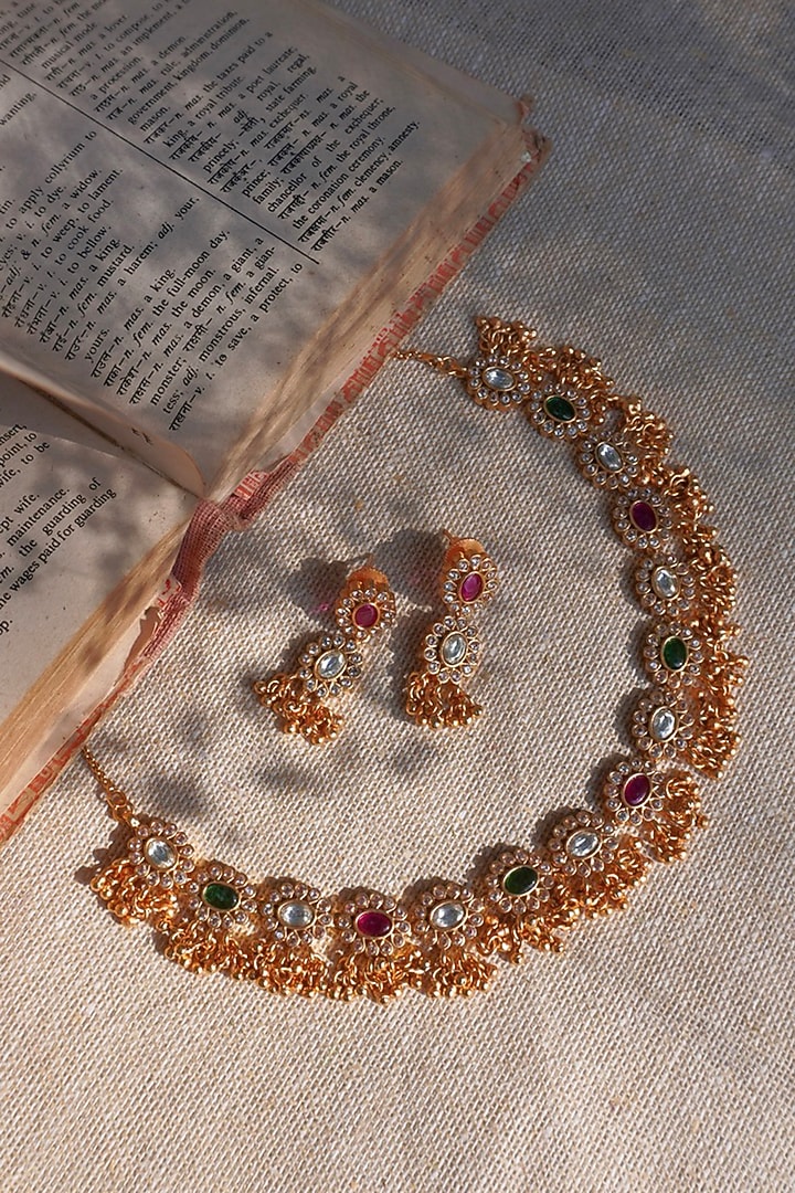 Antique Gold Finish Floral Stone Temple Necklace Set by Prestones at Pernia's Pop Up Shop