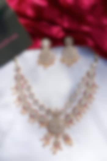 Gold Finish Kundan Polki & Pink Stone Long Necklace Set by Prestones