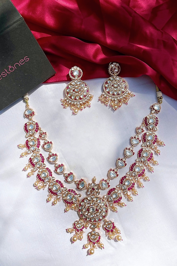 Gold Finish Kundan Polki & Pink Stone Long Necklace Set by Prestones