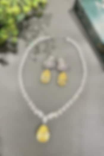 White Finish Yellow Zircon Long Necklace Set by Prestones