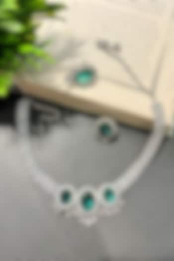 White Finish Green Stone & Zircon Choker Necklace Set by Prestones