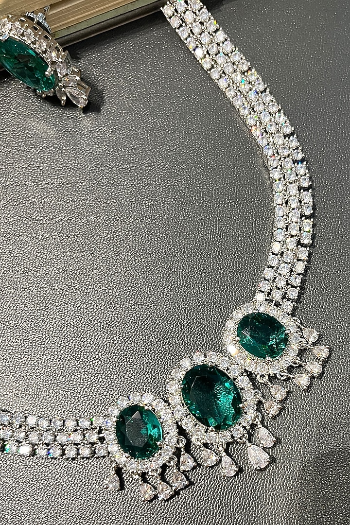 White Finish Green Stone & Zircon Choker Necklace Set by Prestones at Pernia's Pop Up Shop