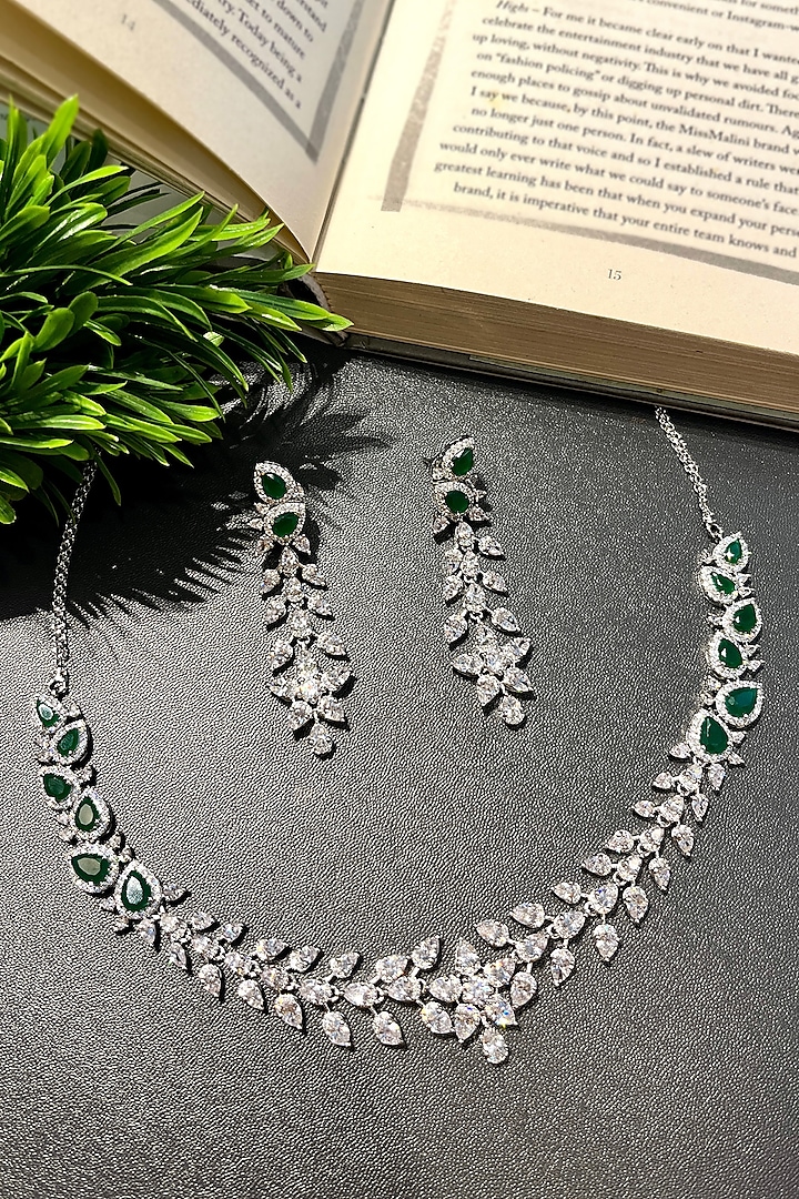 White Finish Green Leaf Motif Zircon Choker Necklace Set by Prestones