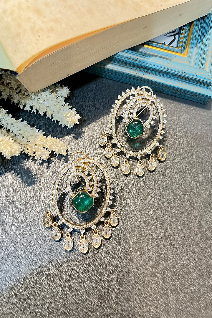 Gold Finish Zircon & Green Stone Chandbali Earrings by Prestones at Pernia's Pop Up Shop