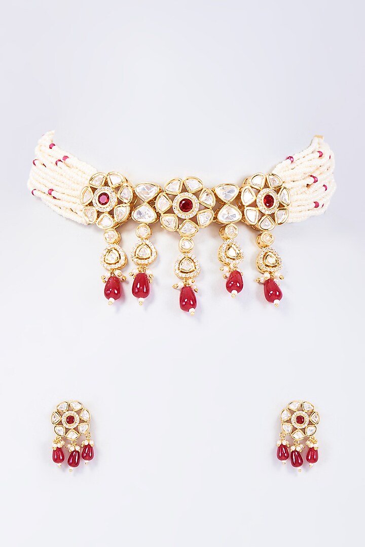 Gold Finish Kundan Polki & Pearl Choker Necklace Set by Prestones at Pernia's Pop Up Shop