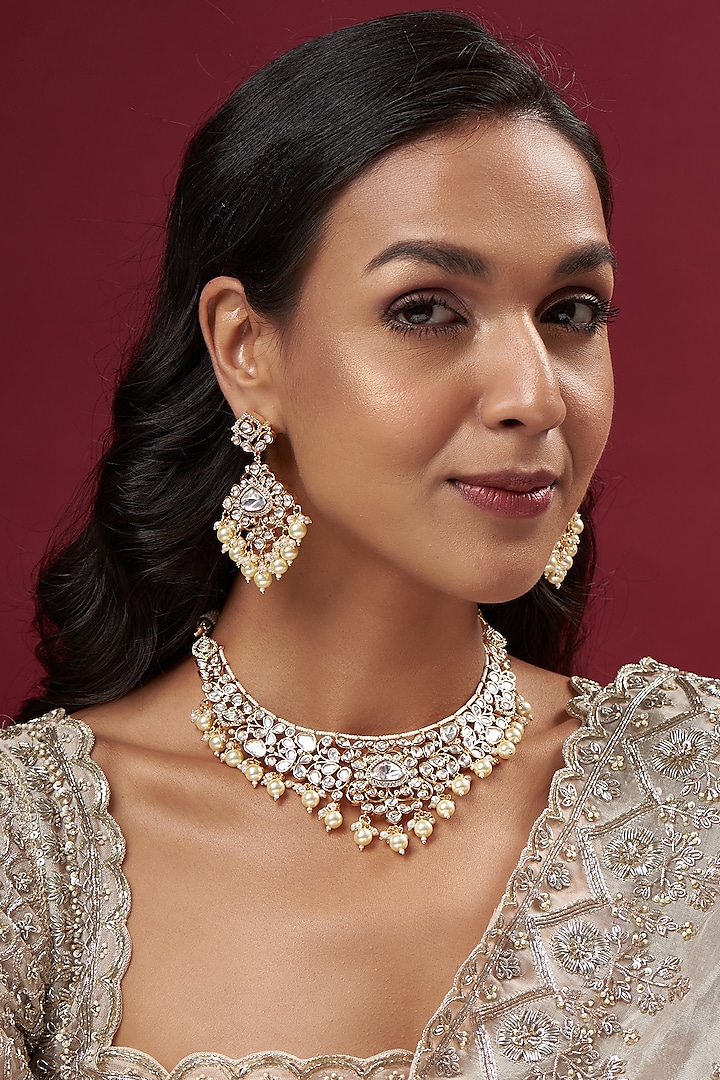 Kreart - Gold Finish Kundan Polki & Pearl String Long Designer Necklace Set for Women at Pernia's Pop-Up Shop