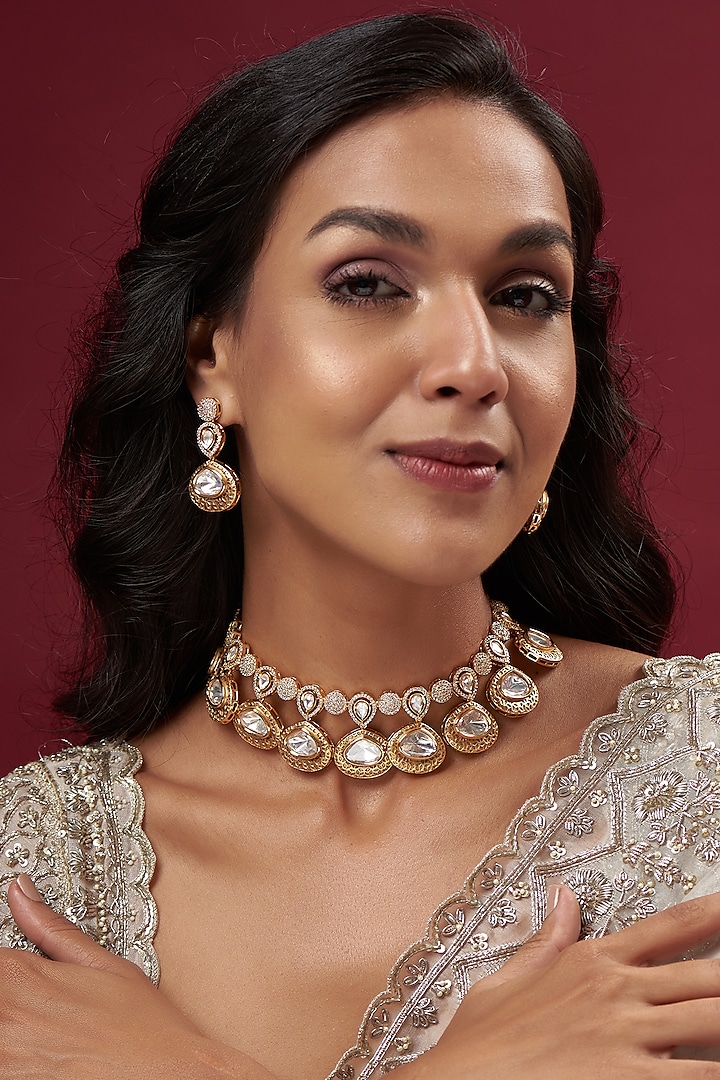 Gold Finish Kundan Polki & Zircons Choker Necklace Set by Prestones at Pernia's Pop Up Shop
