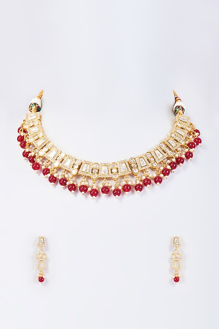 Gold Finish Kundan Polki & Red Bead Choker Necklace Set by Prestones at Pernia's Pop Up Shop