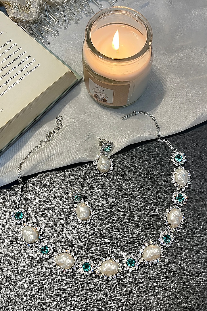 White Finish Green Zircon & Pearl Choker Necklace Set by Prestones