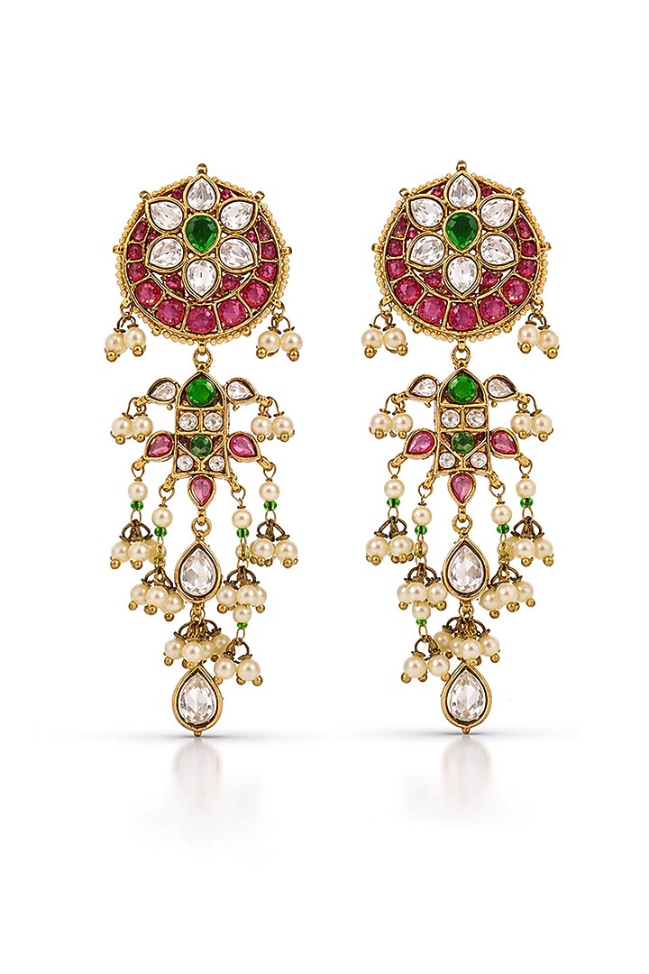 Gold Finish Multi-Colored Synthetic Stone & Pearl Dangler Earrings by Prestones at Pernia's Pop Up Shop