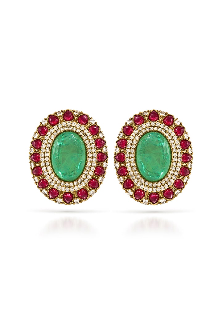 Gold Finish Emerald & Ruby Dangler Earrings by Prestones at Pernia's Pop Up Shop