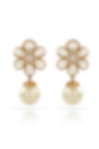 Gold Finish Kundan Polki & Pearl Floral Dangler Earrings by Prestones at Pernia's Pop Up Shop