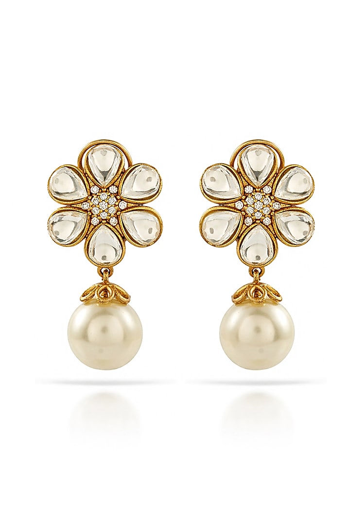 Gold Finish Kundan Polki & Pearl Floral Dangler Earrings by Prestones at Pernia's Pop Up Shop