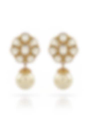 Gold Finish Kundan Polki & Pearl Floral Dangler Earrings by Prestones at Pernia's Pop Up Shop
