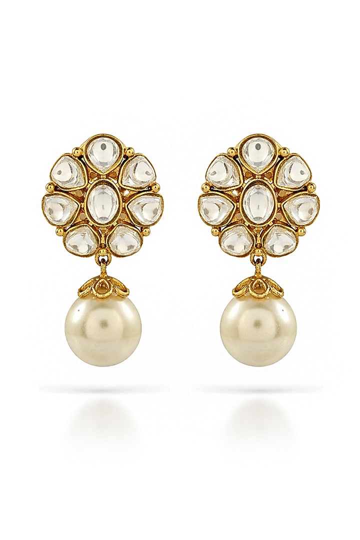 Gold Finish Kundan Polki & Pearl Floral Dangler Earrings by Prestones at Pernia's Pop Up Shop