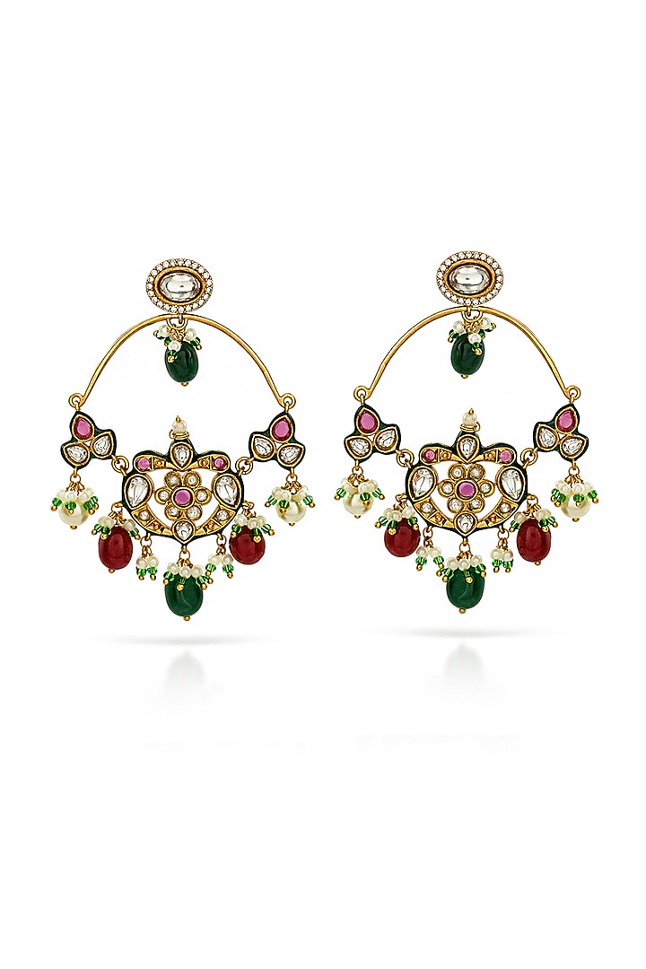Gold Finish Kundan Polki & Ruby Chandbali Earrings by Prestones at Pernia's Pop Up Shop