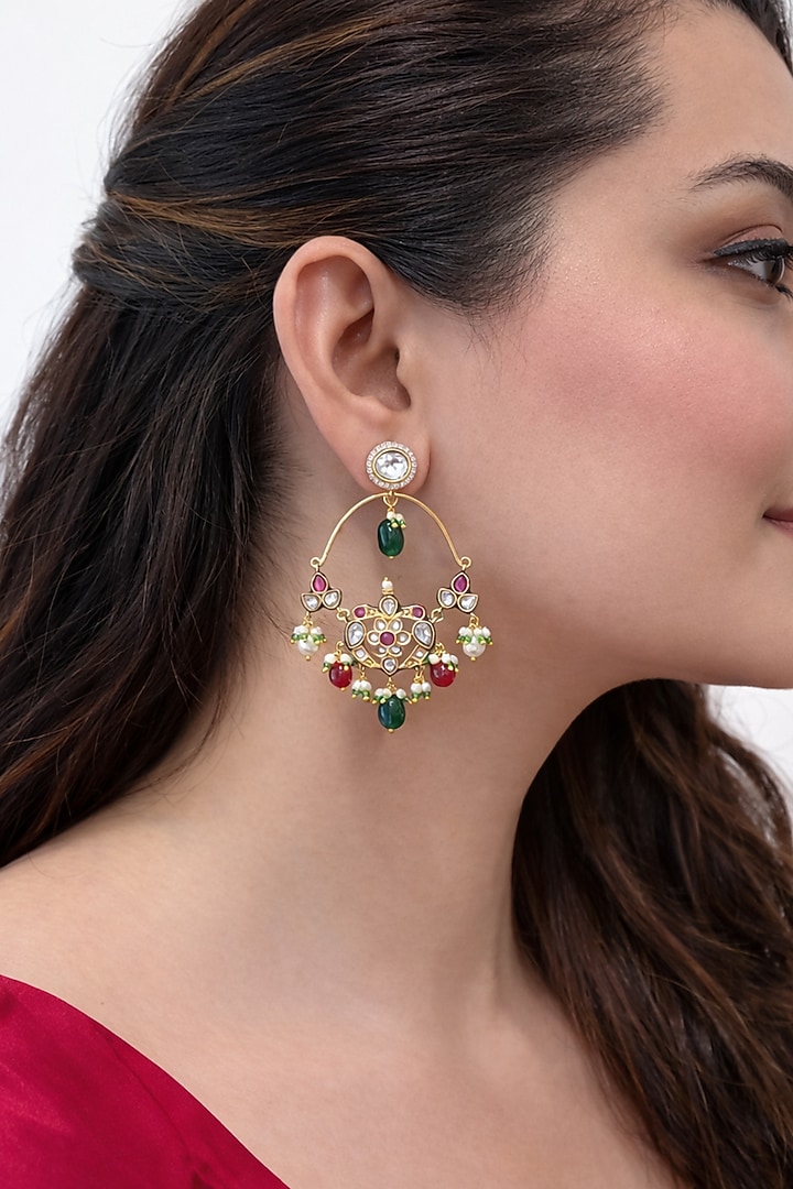 Gold Finish Kundan Polki & Ruby Chandbali Earrings by Prestones at Pernia's Pop Up Shop
