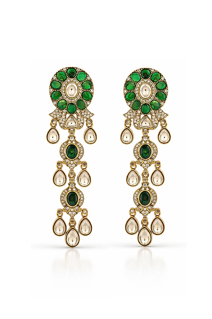 Gold Finish Emerald & Kundan Polki Dangler Earrings by Prestones at Pernia's Pop Up Shop