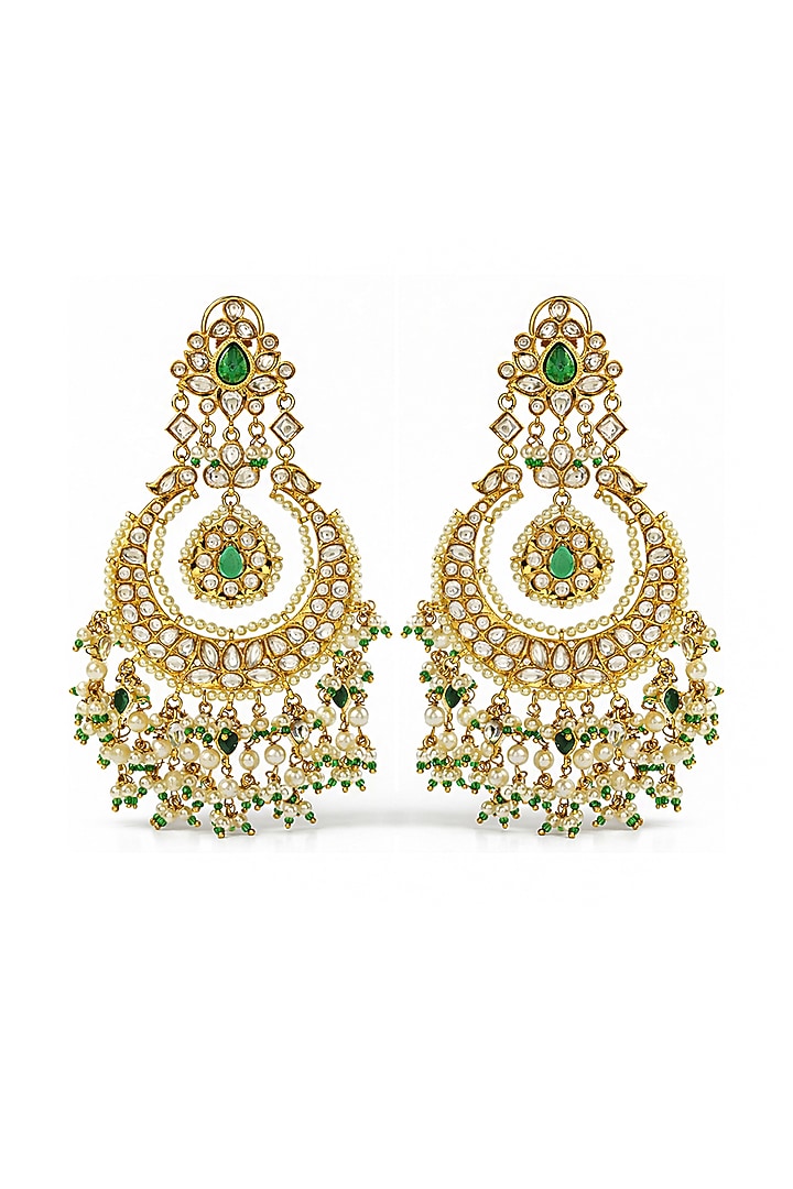 Gold Finish Emerald & Kundan Polki Chandbali Earrings by Prestones at Pernia's Pop Up Shop