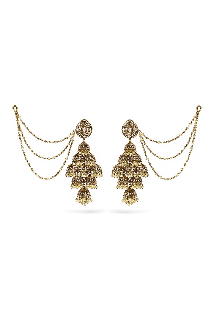 Gold Finish Kundan Polki & Pearl Jhumka Earrings by Prestones at Pernia's Pop Up Shop