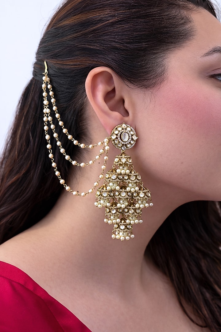 Gold Finish Kundan Polki & Pearl Jhumka Earrings by Prestones at Pernia's Pop Up Shop