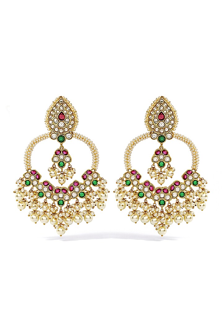 Gold Finish Kundan Polki & Pearl Chandbali Earrings by Prestones at Pernia's Pop Up Shop