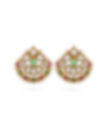 Gold Finish Kundan Polki & Pearl Stud Earrings by Prestones at Pernia's Pop Up Shop