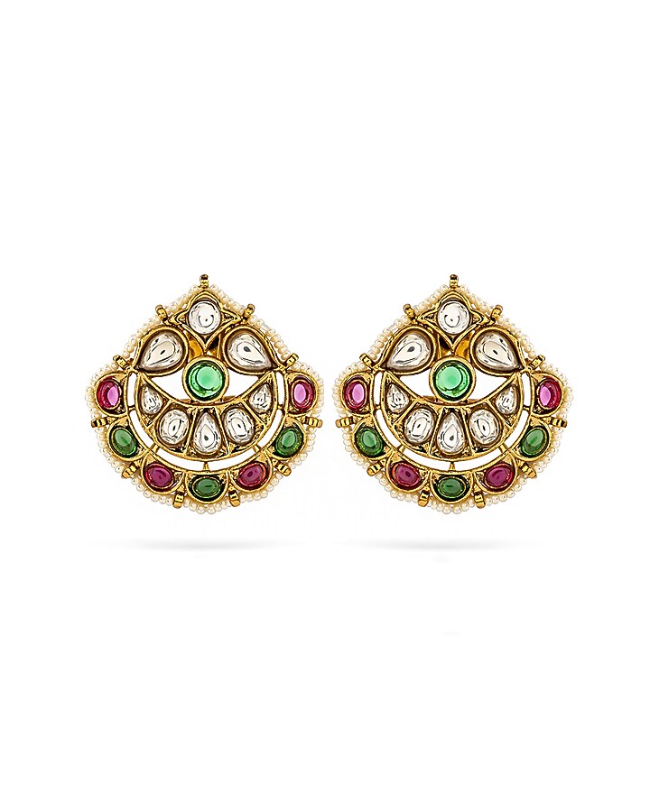 Gold Finish Kundan Polki & Pearl Stud Earrings by Prestones at Pernia's Pop Up Shop