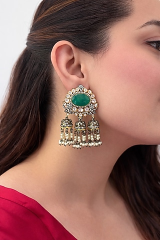 Black Rhodium Finish Synthetic Stone Dangler Earrings by Prestones