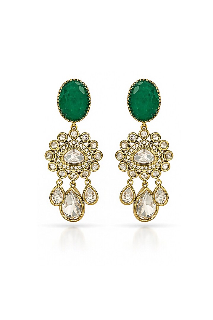 Gold Finish Emerald & CZ Dangler Earrings by Prestones at Pernia's Pop Up Shop