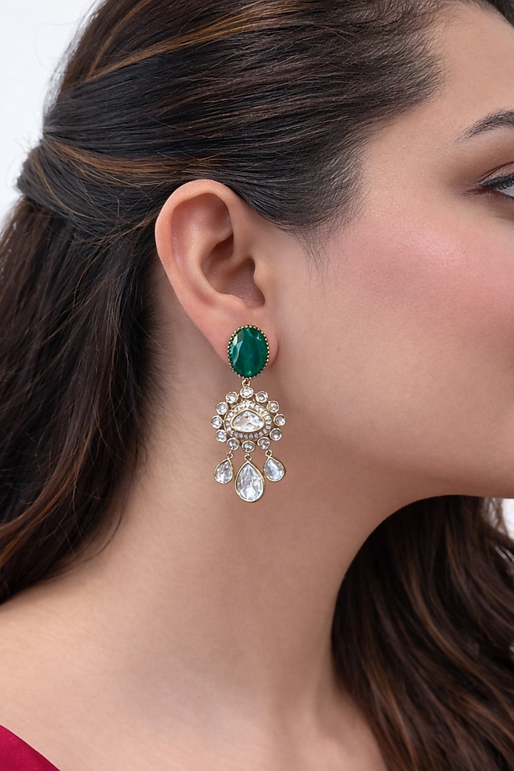Gold Finish Emerald & CZ Dangler Earrings by Prestones at Pernia's Pop Up Shop