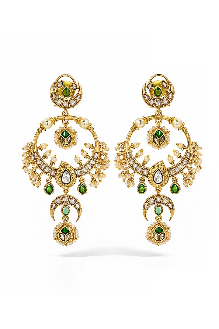 Gold Finish Emerald & Kundan Polki Chandbali Earrings by Prestones at Pernia's Pop Up Shop