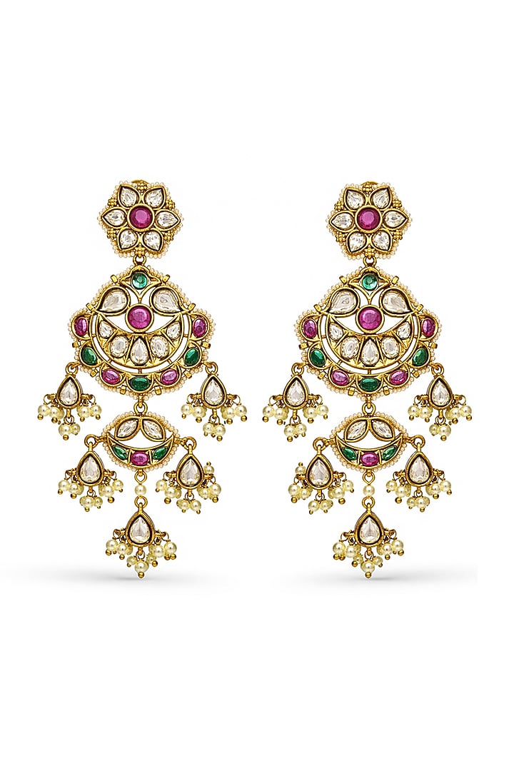 Gold Finish Kundan Polki & Pearl Dangler Earrings by Prestones at Pernia's Pop Up Shop