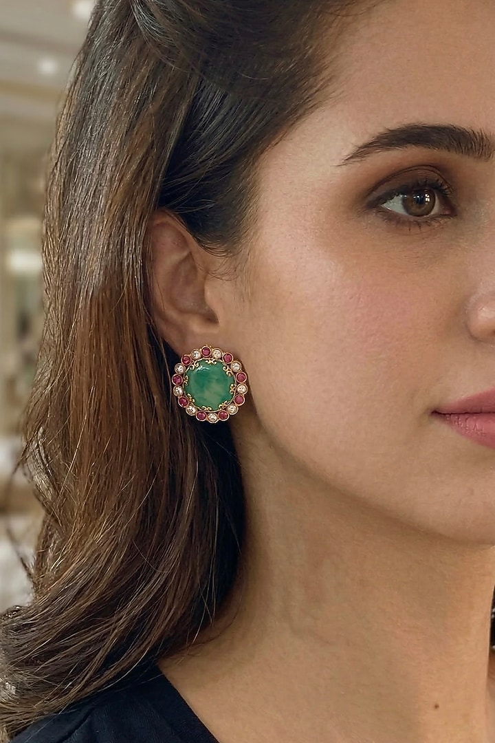 Gold Finish Kundan Polki & Green Stone Stud Earrings by Prestones at Pernia's Pop Up Shop