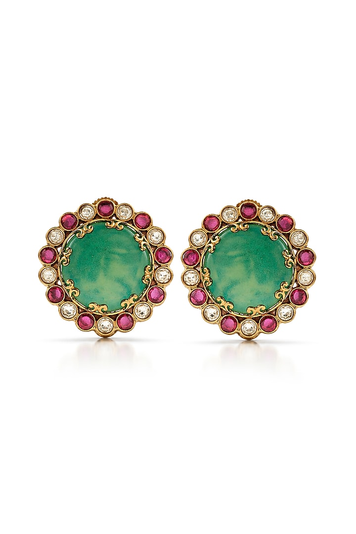 Gold Finish Kundan Polki & Green Stone Stud Earrings by Prestones at Pernia's Pop Up Shop