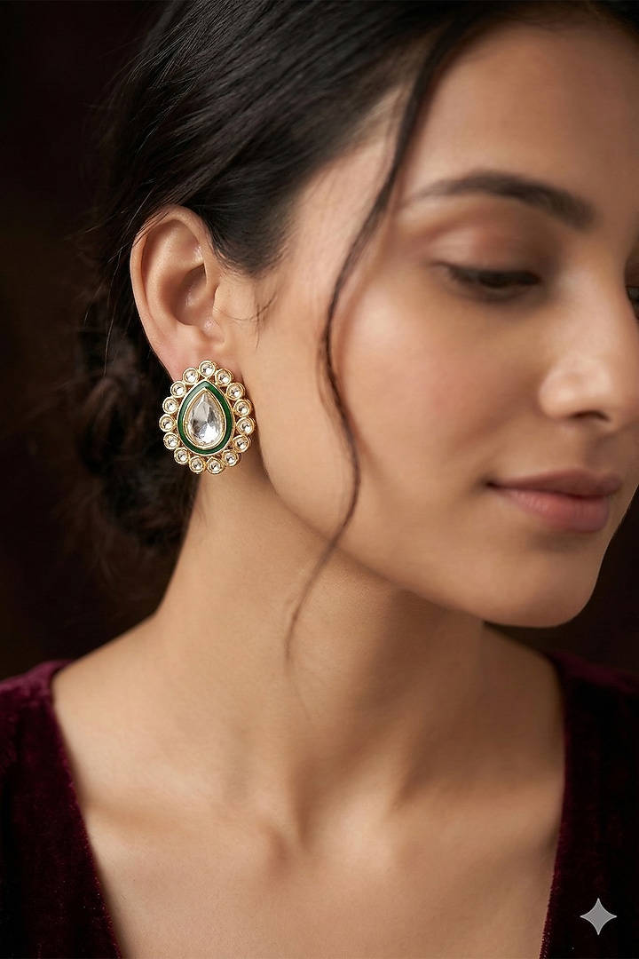 Gold Finish Kundan Polki Green Enameled Stud Earrings by Prestones at Pernia's Pop Up Shop