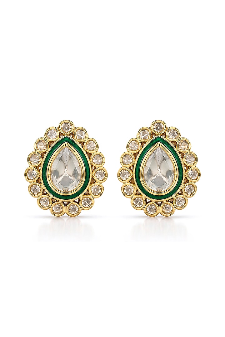 Gold Finish Kundan Polki Green Enameled Stud Earrings by Prestones at Pernia's Pop Up Shop