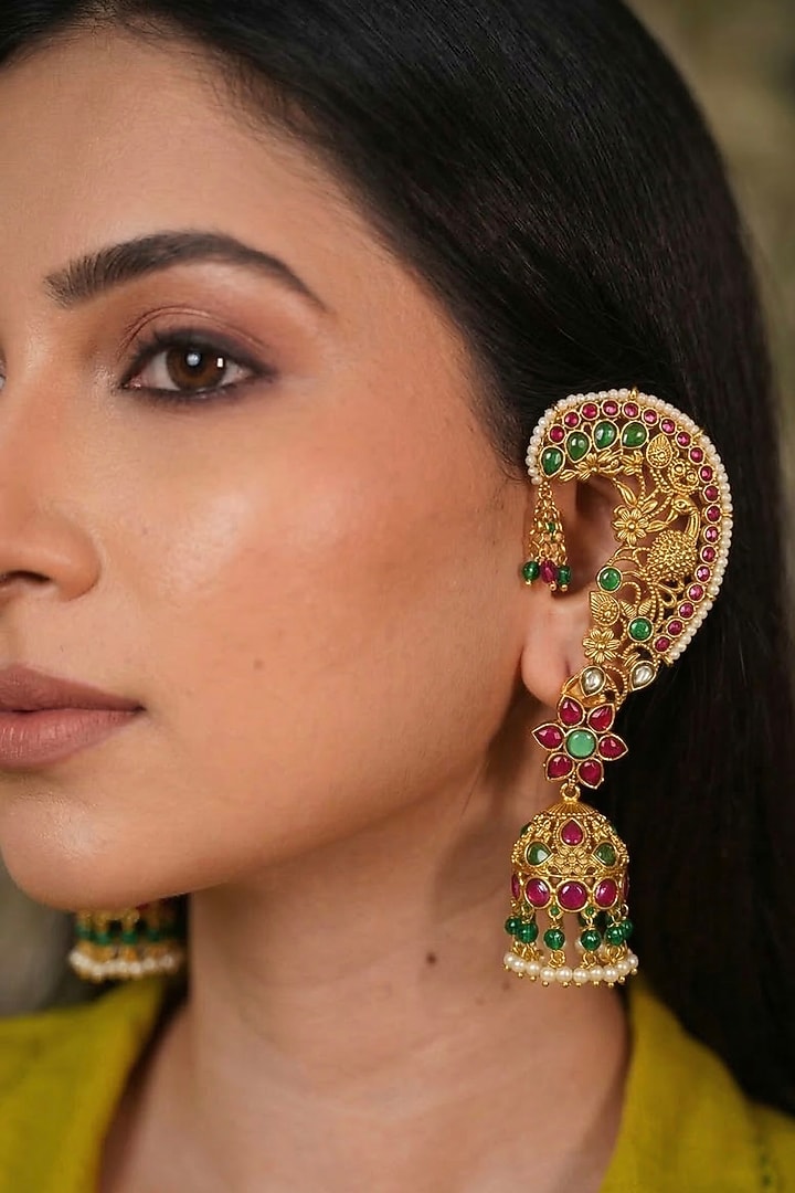 Gold Finish Kundan Polki & Red Stone Earcuffs by Prestones at Pernia's Pop Up Shop