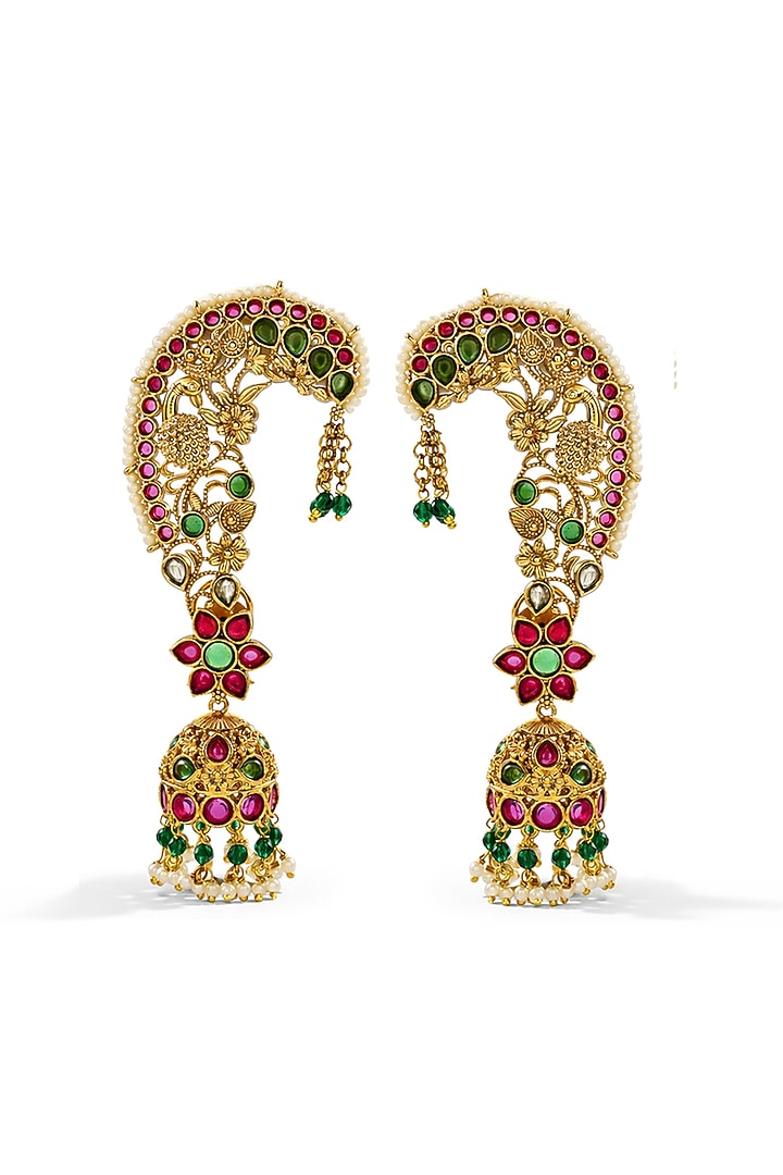 Gold Finish Kundan Polki & Red Stone Earcuffs by Prestones at Pernia's Pop Up Shop