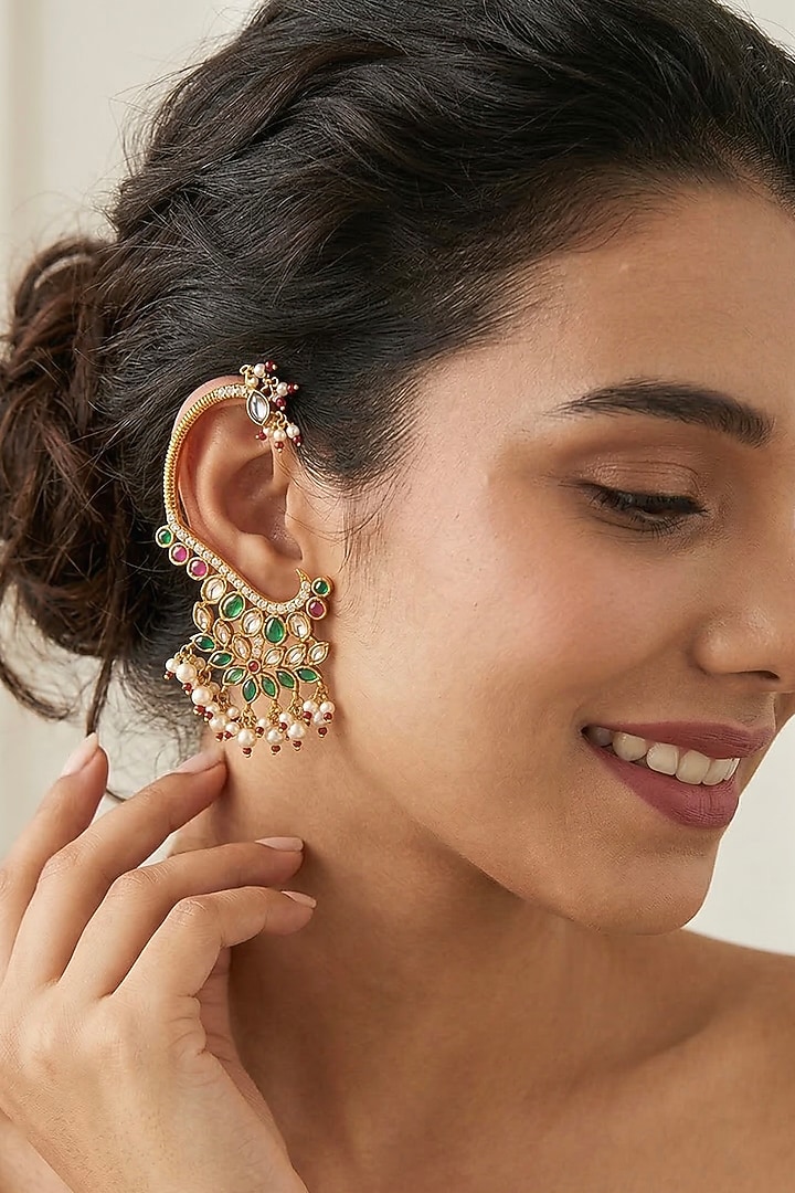 Gold Finish Kundan Polki & Multi-Colored Stone Earcuffs by Prestones at Pernia's Pop Up Shop