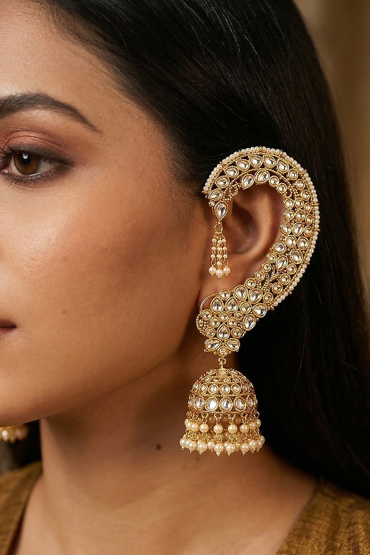 Gold Finish Kundan Polki Earcuffs by Prestones at Pernia's Pop Up Shop