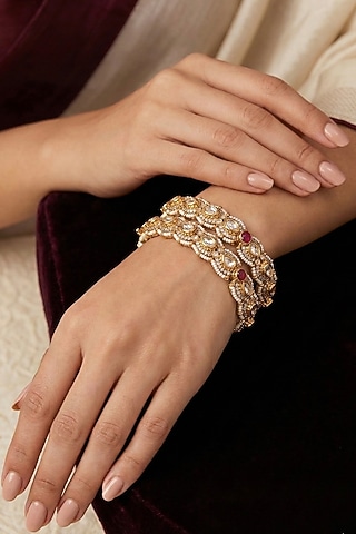 Gold Finish Kundan Polki & Ruby Stone Openable Bangles (Set Of 2) by Prestones