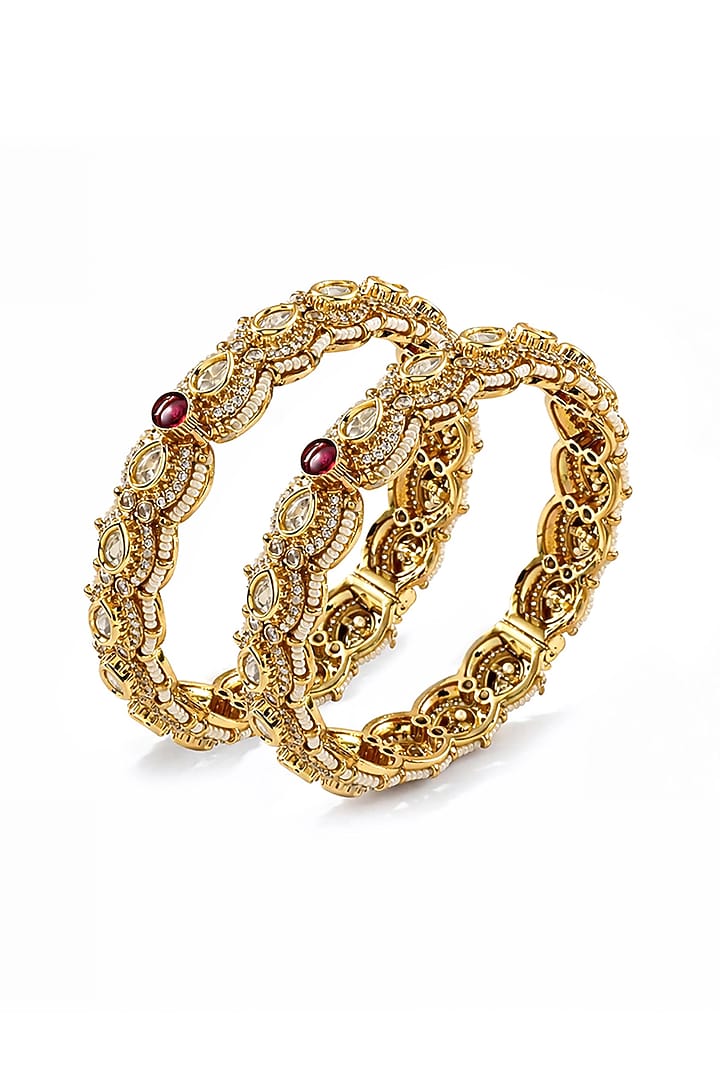 Gold Finish Kundan Polki & Ruby Stone Openable Bangles (Set Of 2) by Prestones at Pernia's Pop Up Shop