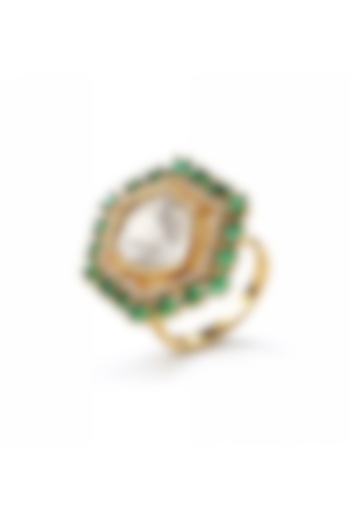 Gold Finish Kundan Polki & Emerald Stone Ring by Prestones at Pernia's Pop Up Shop